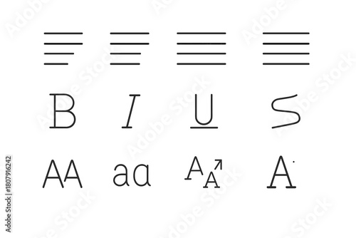 Text Alignment Icons. Text alignment. Line icon set of Text alignment: alignment left, alignment center, alignment right, paragraph, bold text, italic text,