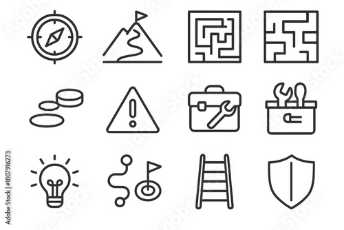 Career Challenge Icons. Navigating career challenges and overcoming obstacles. Line icon set of navigating career challenges and overcoming obstacles: compass,