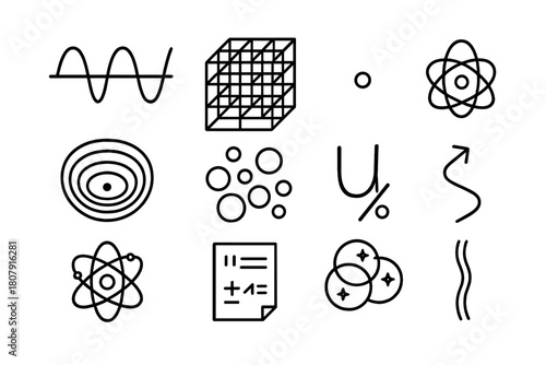 Quantum Cosmology Icons. Quantum cosmology. Line icon set of quantum cosmology: wave-particle duality, Planck scale grid, singularity dot, entanglement link,
