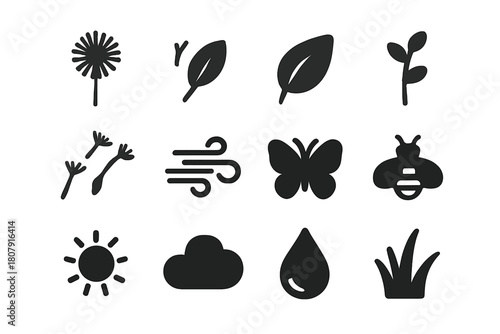 Botanical Icons Grid. Botanical elements. Solid icon set of Botanical elements: dandelion, seed puff, leaf, stem, seeds, wind, butterfly, bee, sun, cloud, dew