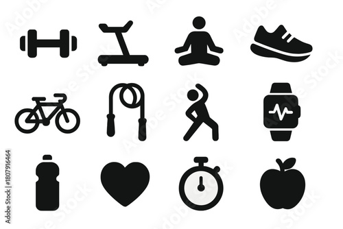 Fitness Icon Set. Fitness tracking. Solid icon set of Fitness tracking: smartwatch, running shoe, heart rate, step counter, dumbbell, stopwatch, water bottle,