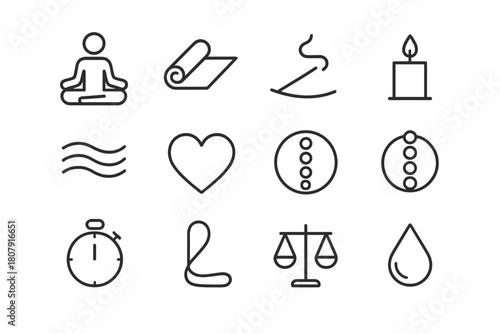 Yoga Icon Grid. Yoga motivation mantras. Line icon set of yoga motivation mantras: lotus pose, yoga mat, incense, candle, breath waves, heart, chakra circle,