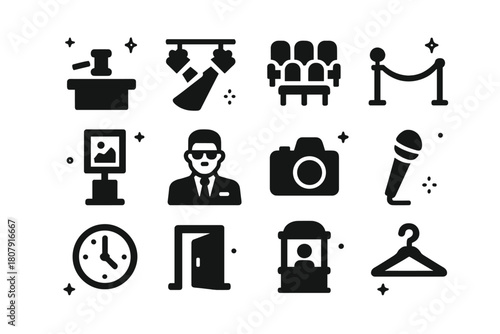 Auction Icons Grid. Auction house interior. Solid icons set of Auction house interior: stage podium, spotlight pair, rows of chairs, velvet rope, lot display