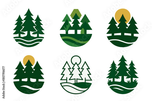 Forest Ecosystem Logos. forest ecosystem. Icon set. Set Logo of forest ecosystem: sun and water cycle over forest. harmonious logo variations of the same