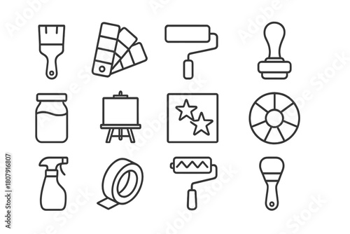 Painting Tools Icon Set. Painting and decorating. Line icon set of painting and decorating: paintbrush, color palette, roller, sponge dabber, paint jar, easel,