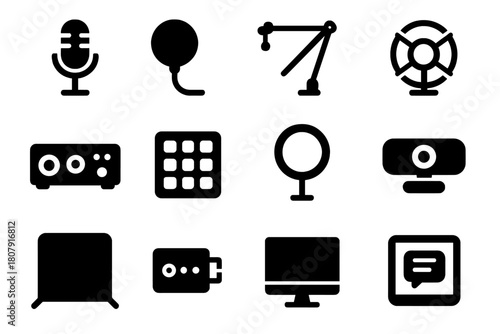 Streaming Gear Icons. Streaming Setup. Solid icon set of Streaming Setup: microphone, pop filter, boom arm, shock mount, audio interface, stream deck, ring