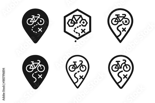 Bicycle Treasure Hunt Logos. bicycle treasure hunts. Icon set. Set Logo of bicycle treasure hunts: GPS tracker and bicycle path. harmonious logo variations of