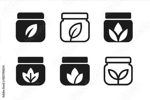 Moisturizer Jar Icons. Moisturizer jar mockup. Icon set. Set Logo of moisturizer jar mockup: jar with quality ribbon seal. harmonious logo variations of the