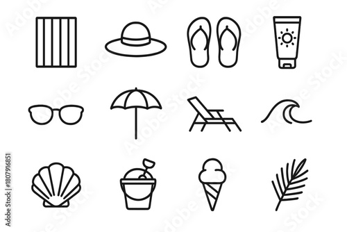 Beach Essentials Icons. Beach towels. Line icon set of beach towels: striped towel, sun hat, flip-flops, sunscreen, sunglasses, umbrella, beach chair, wave,