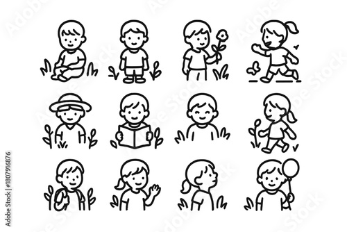 Children's Icon Line Art. Children?s portraits in natural settings. Line icon set of Children?s portraits in natural settings: child sitting, child standing,