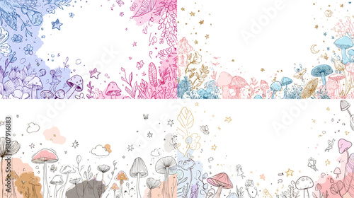 Whimsical mushroom and star frame in pastel tones. Hand drawn fantasy nature illustration with dreamy botanical elements for creative cards, posters, and decorative designs.