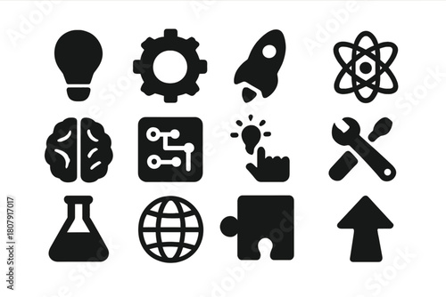 Innovation Icons Set. Innovation. Solid icon set of innovation: lightbulb, gear, rocket, atom, brain, circuit board, hand idea, tools, beaker, globe, puzzle