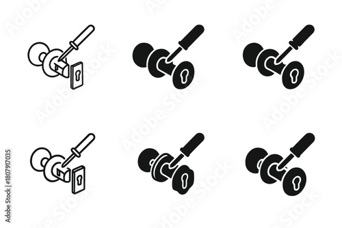 Door Hardware Icons. Replacing door hardware (knob or handle). Icon set. Set Logo of replacing door hardware (knob or handle): handle and key silhouette on