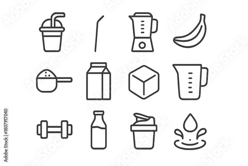 Shake Icon Set. Shake. Line icon set of shake: smoothie cup, straw, blender, banana, protein powder scoop, milk carton, ice cube, measuring cup, dumbbell,
