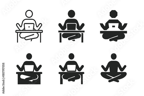Workplace Meditation Icons. Handling workplace stress and managerial support. Icon set. Set Logo of Calm Mind: Person meditating at desk. Minimal outline,