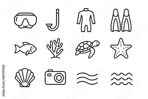 Snorkeling Icon Set. Snorkeling adventure. Line icon set of Snorkeling adventure: snorkel mask, fins, snorkel tube, wetsuit, flippers, fish, coral, sea turtle,