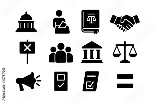 Democracy Icon Set. Democracy and governance. Solid icon set of Democracy and governance: parliament dome, citizen vote, law book, constitution, handshake,