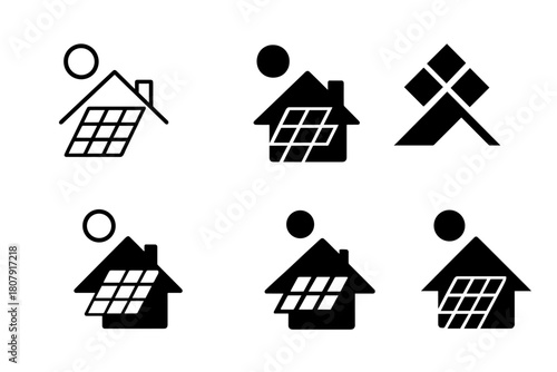 Solar Roofing Icons. Solar roofing systems. Icon set. Set Logo of solar roofing systems: installer hand with wrench over panel. harmonious logo variations of