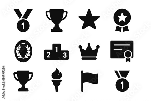 Gold Medal Icons. Gold Medal. Solid icon set of Gold Medal: medal, trophy, star, ribbon, laurel wreath, podium, crown, certificate, trophy cup, torch, flag,