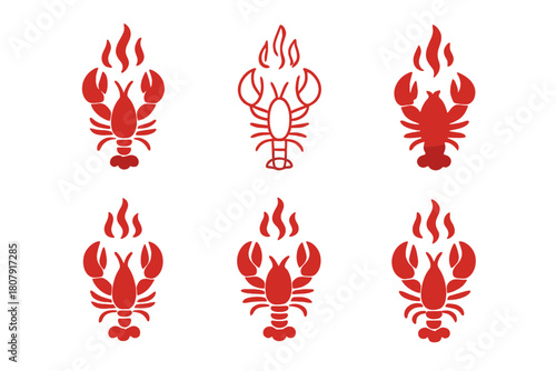 Spicy Seafood Logos. Spicy seafood. Icon set. Set Logo of Spicy Seafood: lobster with heat wave accents. harmonious logo variations of the same emblematic