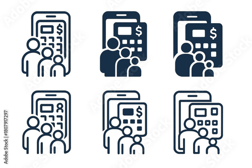 Family Finance App Icons. Tracking family finances using an app. Icon set. Set Logo of tracking family finances using an app: connected family accounts.