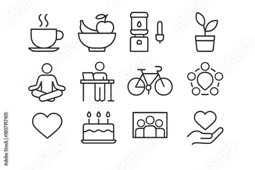 Office Wellbeing Icons. Office wellbeing and culture. Line icon set of office wellbeing and culture: coffee break cup, fruit bowl, water dispenser, potted