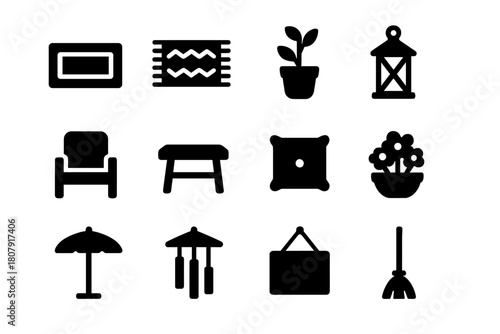 Outdoor Entrance Icons. Outdoor entrance. Solid icon set of Outdoor entrance: doormat, outdoor rug, potted plant, lantern, chair, table, cushion, flower pot,