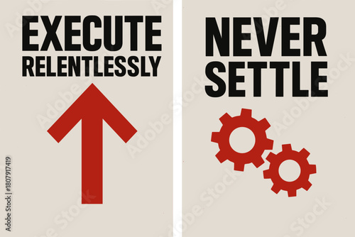 Brutalist Banner Designs. Execute relentlessly. Two vertical A6 banners with safe margins, centered composition, no elements touching edges, brutalist, black