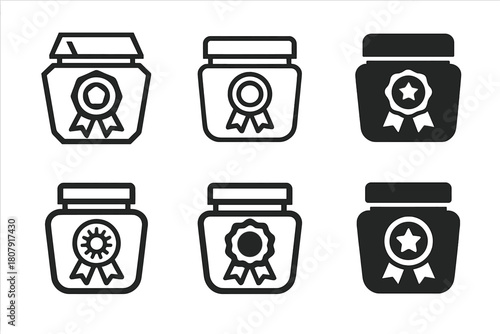 Moisturizer Jar Icons. Moisturizer jar mockup. Icon set. Set Logo of moisturizer jar mockup: jar with quality ribbon seal. harmonious logo variations of the