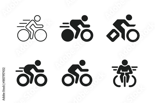 Cyclist Logo Variations. Person on bicycle. Icon set. Set Logo of person on bicycle: cyclist pedaling forward with dynamic motion lines. harmonious logo