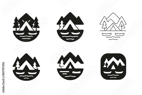 Camping Adventure Logos. Group camping adventures. Icon set. Set Logo of group camping adventures: canoes by a lakeside camp with mountains. harmonious logo
