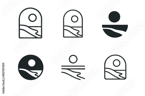 Empty Beach Icons. Empty Beach. Icon set. Set Logo of Empty Beach: tranquil seashore line art. harmonious logo variations of the same emblematic concept, each
