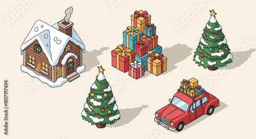 Cozy winter house with Christmas trees and stacked presents  