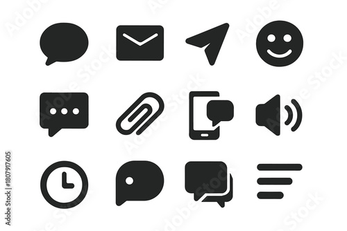 Messaging Icons Set. Messaging icons. Solid icon set of Messaging icons: chat bubble, message box, send icon, emoji, typing dots, attachment clip, phone