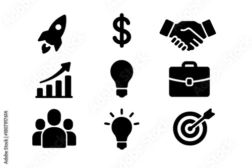 Startup Funding Icons. Startup funding. Solid icon set of startup funding: rocket, dollar sign, handshake, graph, lightbulb, briefcase, people group, laptop,