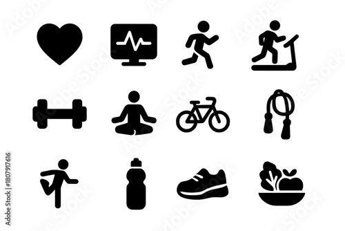 Heart Health Icons. Heart Health. Solid icon set of Heart Health: heart, pulse monitor, running person, treadmill, dumbbell, yoga pose, bicycle, jump rope,