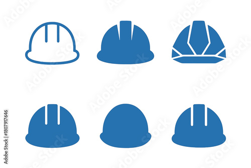 Hard Hat Icons. Blue-collar worker. Icon set. Set Logo of Hard Hat: Protective helmet. Minimal outline, Filled silhouette, Abstract geometric, Negative space,
