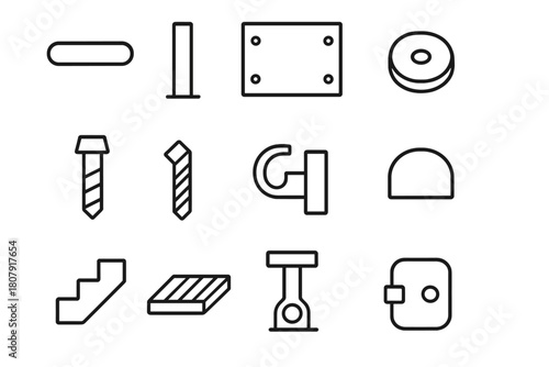 Handrail System Icons. Handrail system. Line icon set of handrail system: handrail, post, glass panel, base plate, bolt, screw, wall bracket, end cap, stair,