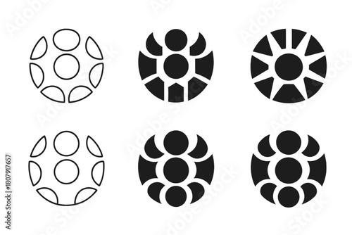 Moon Phase Logos. Moon phases. Icon set. Set Logo of moon phases: eight-phase arc around a central circle. harmonious logo variations of the same emblematic