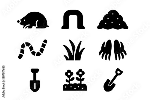 Mole Habitat Icons. Mole Habitat. Solid icon set of Mole Habitat: mole, tunnel, soil, dirt mound, worm, grass, digging paws, whiskers, nose, garden, shovel,
