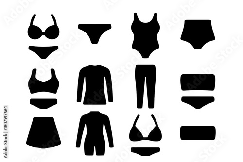 Seamless Swimwear Icons. Seamless Swimwear. Solid icon set of Seamless Swimwear: bikini top, bikini bottom, one piece suit, high waist bottom, swim bra, rash