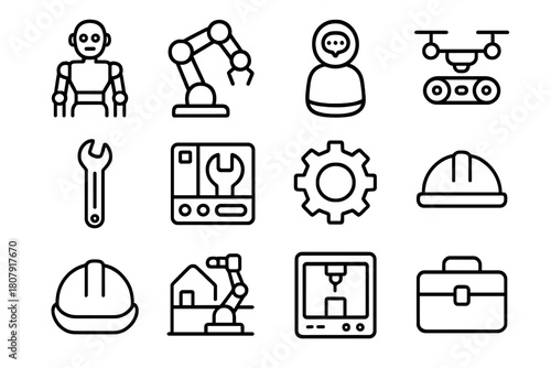 Collaborative Robot Icons. Collaborative robots. Line icon set of Collaborative robots: humanoid robot, robotic arm, AI assistant, conveyor belt, wrench,