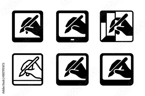 Creativity Icon Set. creativity online. Icon set. Set Logo of creativity online: artist hand with stylus on tablet. harmonious logo variations of the same
