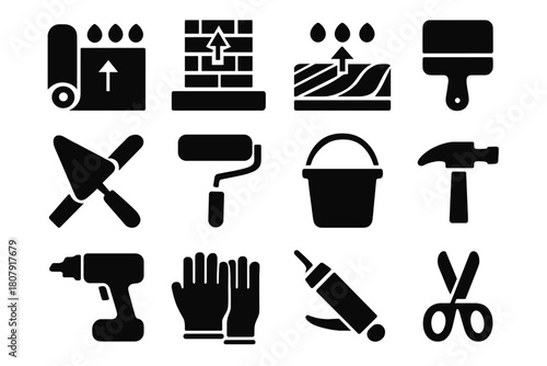 Moisture Barrier Icons. Moisture barrier. Solid icon set of moisture barrier: membrane, wall, floor, brush, trowel, roller, bucket, hammer, drill, gloves,