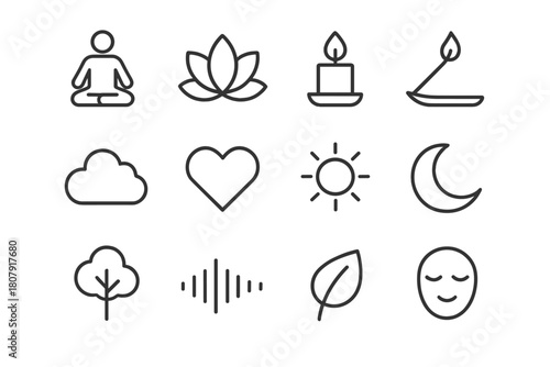 Meditative Icon Set. Meditation and Mindfulness. Line icon set of Meditation and Mindfulness: person sitting, lotus, candle, incense, cloud, heart, sun, moon,