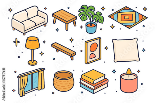 Minimalist Living Icons. Creating a minimalist living space. Colorful isometric vector icons set of Creating a minimalist living space: clean white sofa,