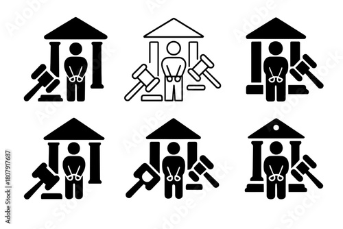 Arrest Icon Logos. Person Arrested on Suspicion of Crime. Icon set. Set Logo of Arrest Scene: courthouse and gavel symbol. harmonious logo variations of the