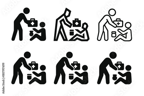 Volunteer Aid Logos. Volunteers distributing food and supplies in disaster areas. Icon set. Set Logo of Volunteers distributing food and supplies in disaster