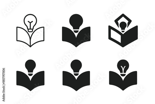 Study Skills Logos. Study skills. Icon set. Set Logo of study skills: open book with light bulb symbolizing learning. harmonious logo variations of the same