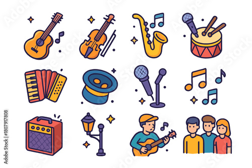 Busking Icon Isometric Set. Busking. Colorful isometric vector icons set of busking: guitar, violin, saxophone, drum, accordion, hat for tips, microphone,